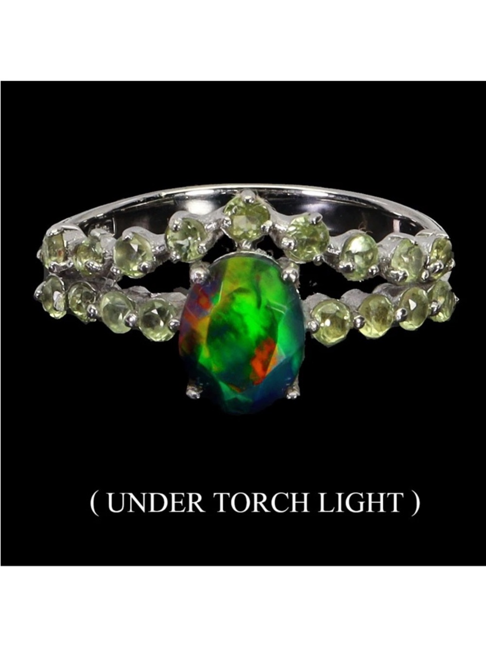 925 Sterling Silver Oval Black Opal 8x6mm & Peridot Gemstone Ring Size 8